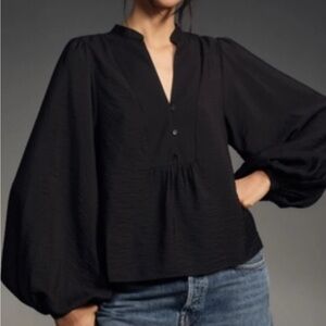 Anthropologie Black Textured Puff Sleeve Women's Blouse L